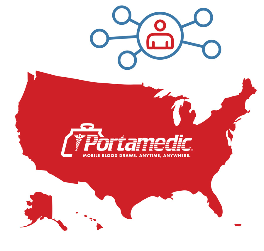 Red map of the USA with the Portamedic logo in the center